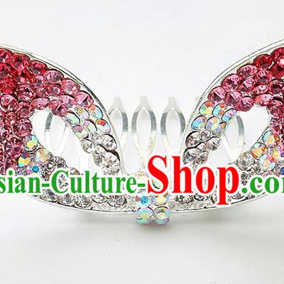 Handmade Children Hair Accessories Red Crystal Hair Comb, Princess Halloween Model Show Royal Crown Headwear for Kids