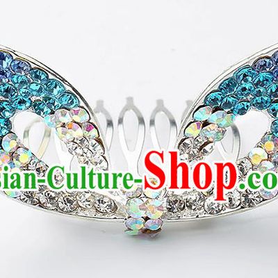 Handmade Children Hair Accessories Blue Crystal Hair Comb, Princess Halloween Model Show Royal Crown Headwear for Kids