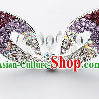 Handmade Children Hair Accessories Purple Crystal Hair Comb, Princess Halloween Model Show Royal Crown Headwear for Kids