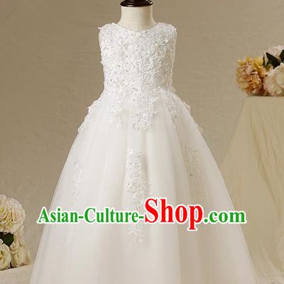 Children Christmas Model Show Dance Costume White Veil Dress, Ceremonial Occasions Catwalks Princess Full Dress for Girls