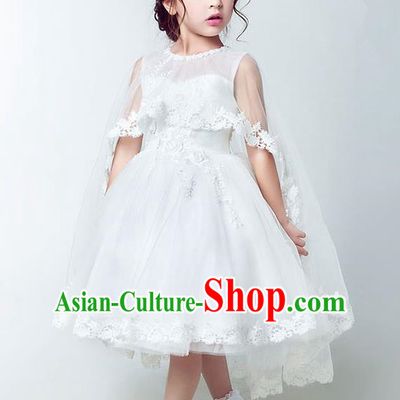 Children Christmas Model Show Dance Costume White Veil Bubble Dress, Ceremonial Occasions Catwalks Princess Full Dress for Girls