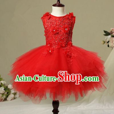 Children Christmas Model Show Dance Costume Red Veil Bubble Dress, Ceremonial Occasions Catwalks Princess Full Dress for Girls