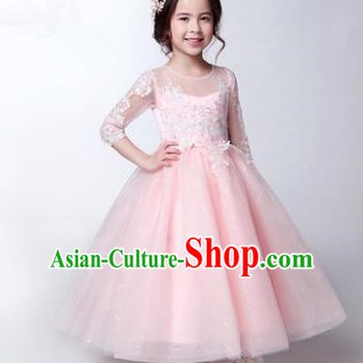 Children Christmas Model Show Dance Costume Pink Veil Dress, Ceremonial Occasions Catwalks Princess Full Dress for Girls