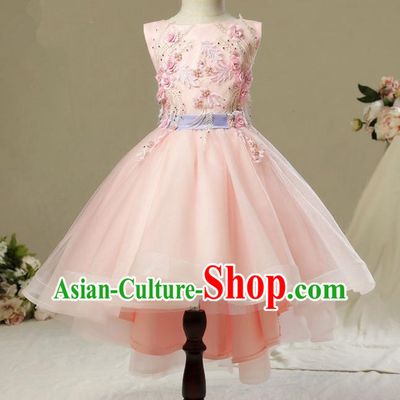 Children Model Show Dance Costume Pink Embroidered Bubble Dress, Ceremonial Occasions Catwalks Princess Full Dress for Girls