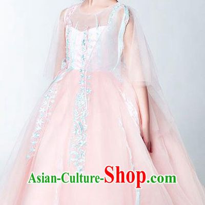 Children Christmas Model Show Dance Costume Embroidered Veil Pink Dress, Ceremonial Occasions Catwalks Princess Full Dress for Girls