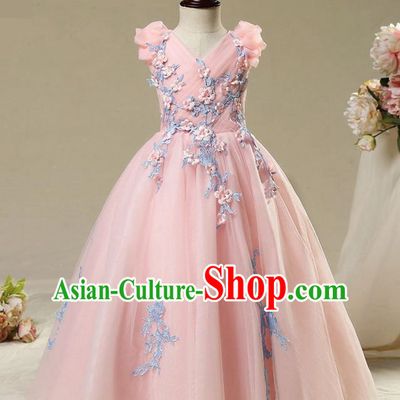 Children Christmas Model Show Dance Costume Embroidered Pink Veil Dress, Ceremonial Occasions Catwalks Princess Full Dress for Girls