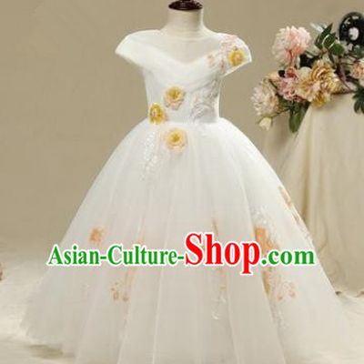 Children Christmas Model Show Dance Costume Embroidered White Dress, Ceremonial Occasions Catwalks Princess Full Dress for Girls