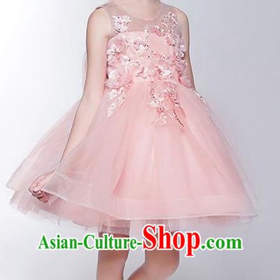 Children Christmas Model Show Dance Costume Pink Veil Dress, Ceremonial Occasions Catwalks Princess Full Dress for Girls