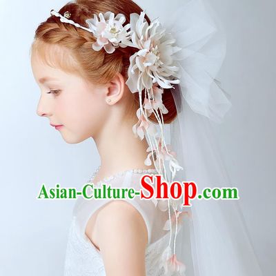Handmade Children Hair Accessories Flowers Hair Clasp, Princess Halloween Model Show Bridal Veil Headwear for Kids