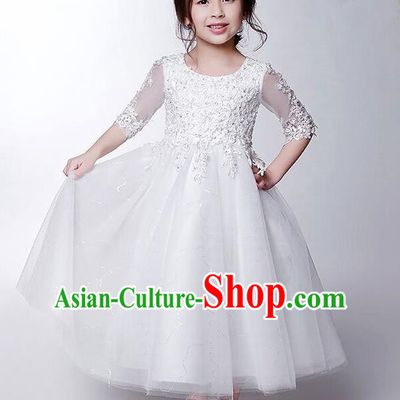 Children Christmas Model Show Dance Costume White Beading Dress, Ceremonial Occasions Catwalks Princess Full Dress for Girls