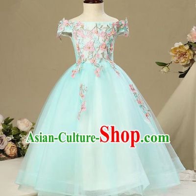 Children Christmas Model Show Dance Costume Embroidered Green Dress, Ceremonial Occasions Catwalks Princess Off Shoulder Full Dress for Girls