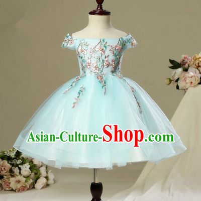 Children Christmas Model Show Dance Costume Embroidered Green Bubble Dress, Ceremonial Occasions Catwalks Princess Off Shoulder Full Dress for Girls