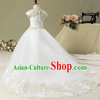 Children Christmas Model Show Dance Costume White Trailing Dress, Ceremonial Occasions Catwalks Princess Full Dress for Girls