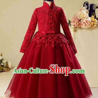 Children Christmas Model Show Dance Costume Red Veil Dress, Ceremonial Occasions Catwalks Princess Full Dress for Girls