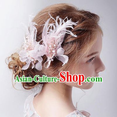 Handmade Children Hair Accessories Pink Feather Flowers Hair Stick, Princess Halloween Model Show Headwear for Kids