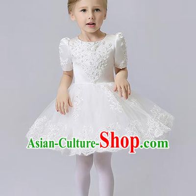 Children Model Show Dance Costume White Veil Bubble Dress, Ceremonial Occasions Catwalks Princess Full Dress for Girls