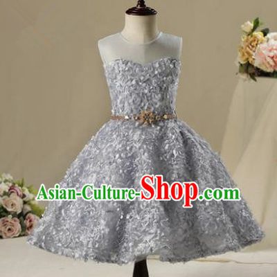 Children Model Show Dance Costume Grey Flower Petals Short Dress, Ceremonial Occasions Catwalks Princess Full Dress for Girls