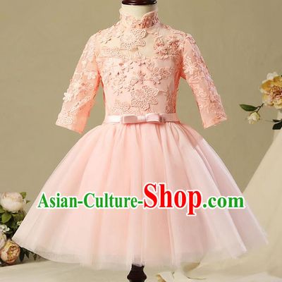 Children Model Show Dance Costume Pink Lace Short Dress, Ceremonial Occasions Catwalks Princess Full Dress for Girls