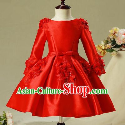 Children Model Show Dance Costume Red Embroidered Dress, Ceremonial Occasions Catwalks Princess Full Dress for Girls