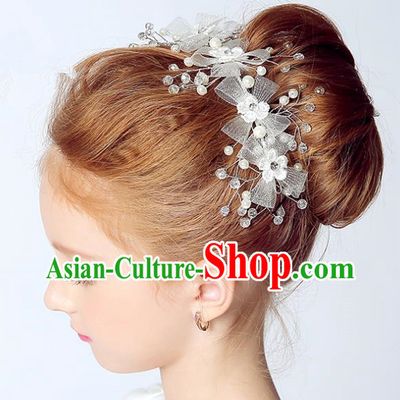 Handmade Children Hair Accessories White Bowknot Hair Stick, Princess Halloween Model Show Hair Claw Headwear for Kids