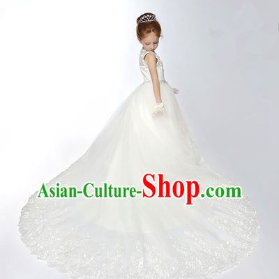 Children Model Show Dance Costume White Veil Trailing Dress, Ceremonial Occasions Catwalks Princess Full Dress for Girls