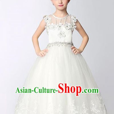 Children Model Show Dance Costume White Veil Long Dress, Ceremonial Occasions Catwalks Princess Full Dress for Girls