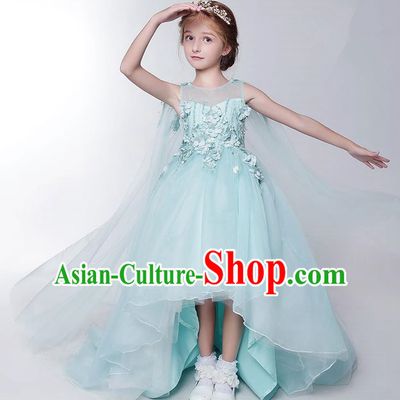 Children Model Show Dance Costume Green Veil Trailing Dress, Ceremonial Occasions Catwalks Princess Full Dress for Girls
