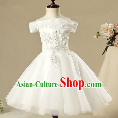 Children Model Show Dance Costume Off Shoulder White Dress, Ceremonial Occasions Catwalks Princess Full Dress for Girls