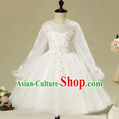Children Model Show Dance Costume Long Sleeve White Dress, Ceremonial Occasions Catwalks Princess Full Dress for Girls