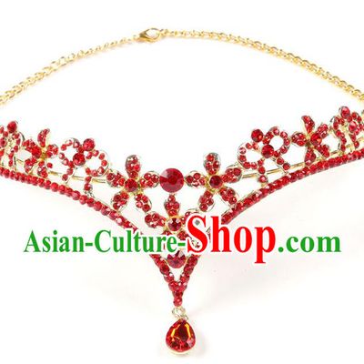 Handmade Children Hair Accessories Red Crystal Royal Crown Frontlet, Princess Halloween Model Show Hair Clasp Headwear for Kids