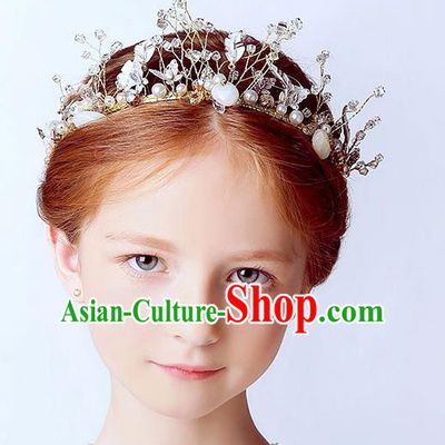 Handmade Children Hair Accessories Crystal Pearls Royal Crown, Princess Halloween Model Show Hair Clasp Headwear for Kids