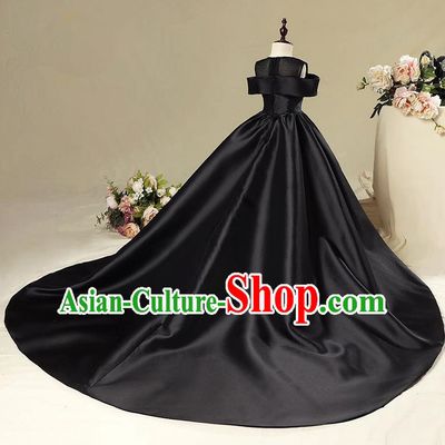 Children Model Show Dance Costume Black Satin Trailing Dress, Ceremonial Occasions Catwalks Princess Full Dress for Girls