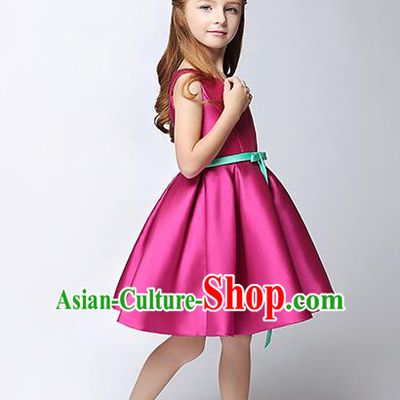 Children Model Show Dance Costume Rosy Satin Dress, Ceremonial Occasions Catwalks Princess Full Dress for Girls