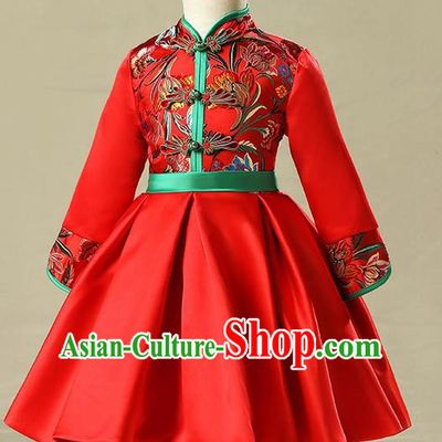 Children Model Show Dance Costume China Red Embroidered Cheongsam, Ceremonial Occasions Catwalks Princess Full Dress for Girls