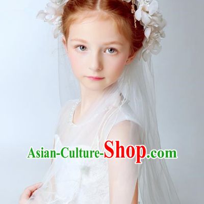 Handmade Children Hair Accessories White Flowers Head Bridal Veil, Princess Halloween Model Show Hair Clasp Headwear for Kids