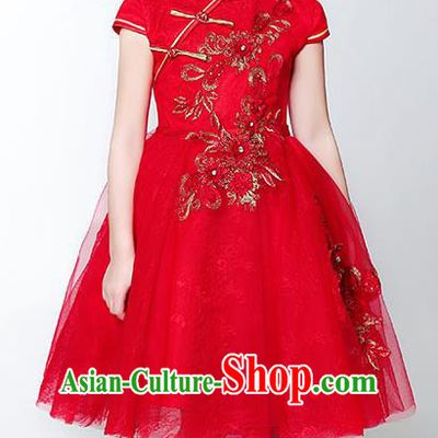 Children Model Show Dance Costume Red Beading Cheongsam, Ceremonial Occasions Catwalks Princess Full Dress for Girls