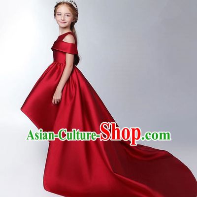 Children Model Show Dance Costume Wine Red Satin Trailing Dress, Ceremonial Occasions Catwalks Princess Full Dress for Girls
