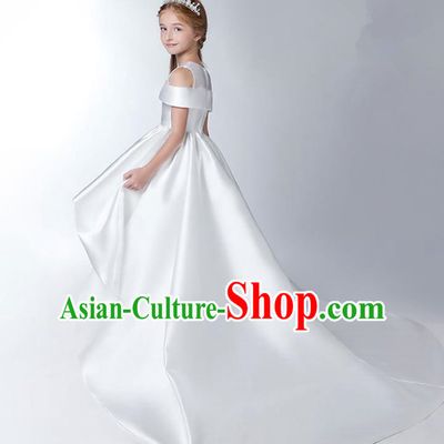 Children Model Show Dance Costume White Satin Trailing Dress, Ceremonial Occasions Catwalks Princess Full Dress for Girls