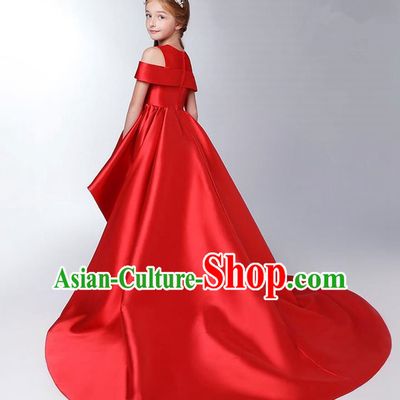 Children Model Show Dance Costume Red Satin Trailing Dress, Ceremonial Occasions Catwalks Princess Full Dress for Girls