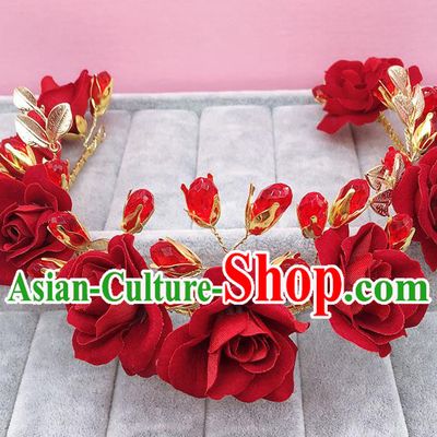 Handmade Children Hair Accessories Red Rose Royal Crown, Princess Halloween Model Show Hair Clasp Headwear for Kids