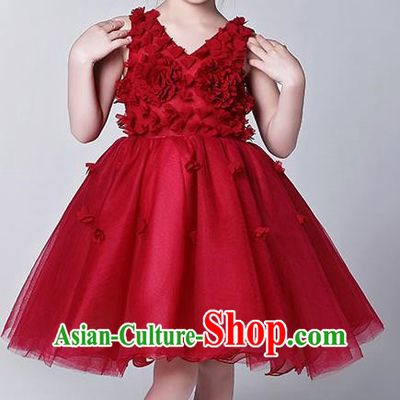 Children Model Show Dance Costume Red Veil Bubble Dress, Ceremonial Occasions Catwalks Princess Full Dress for Girls