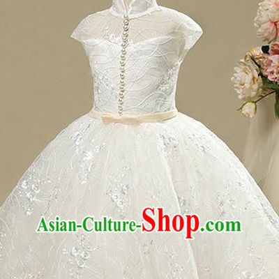 Children Model Show Dance Costume White Veil Pearls Bubble Dress, Ceremonial Occasions Catwalks Princess Full Dress for Girls