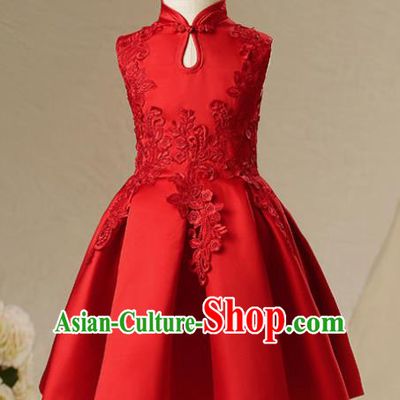 Children Model Show Dance Costume Red China Cheongsam, Ceremonial Occasions Catwalks Princess Full Dress for Girls