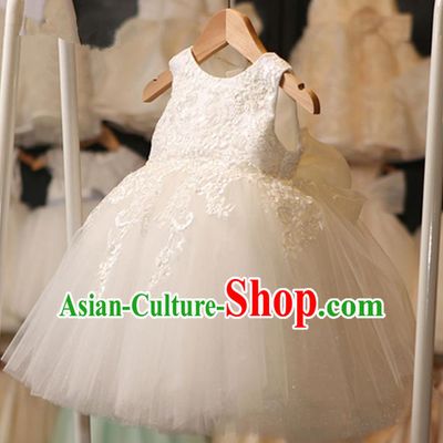 Children Model Show Dance Costume White Veil Bubble Dress, Ceremonial Occasions Catwalks Princess Full Dress for Girls