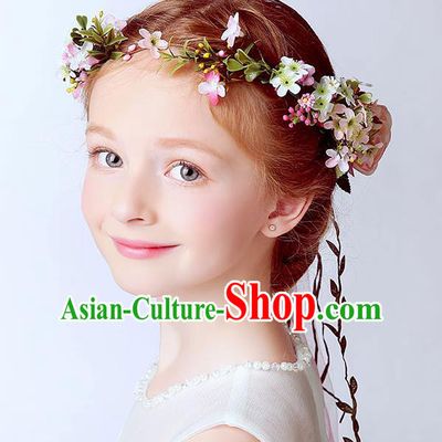 Handmade Children Hair Accessories Pink Flowers Garland, Princess Halloween Model Show Hair Clasp Headwear for Kids