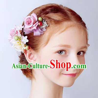 Handmade Children Hair Accessories Pink Flowers Hair Claw, Princess Halloween Model Show Hair Stick Headwear for Kids
