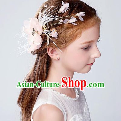Handmade Children Hair Accessories Pink Flowers Feather Hair Claw, Princess Halloween Model Show Hair Stick Headwear for Kids