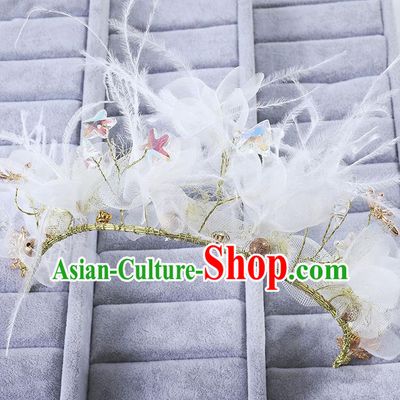 Handmade Children Hair Accessories Flowers Feather Royal Crown, Princess Halloween Model Show Hair Clasp Headwear for Kids