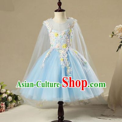 Children Model Show Dance Costume Blue Veil Bubble Full Dress, Ceremonial Occasions Catwalks Princess Dress for Girls