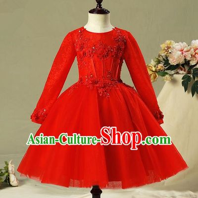 Children Model Show Dance Costume Red Veil Bubble Full Dress, Ceremonial Occasions Catwalks Princess Dress for Girls